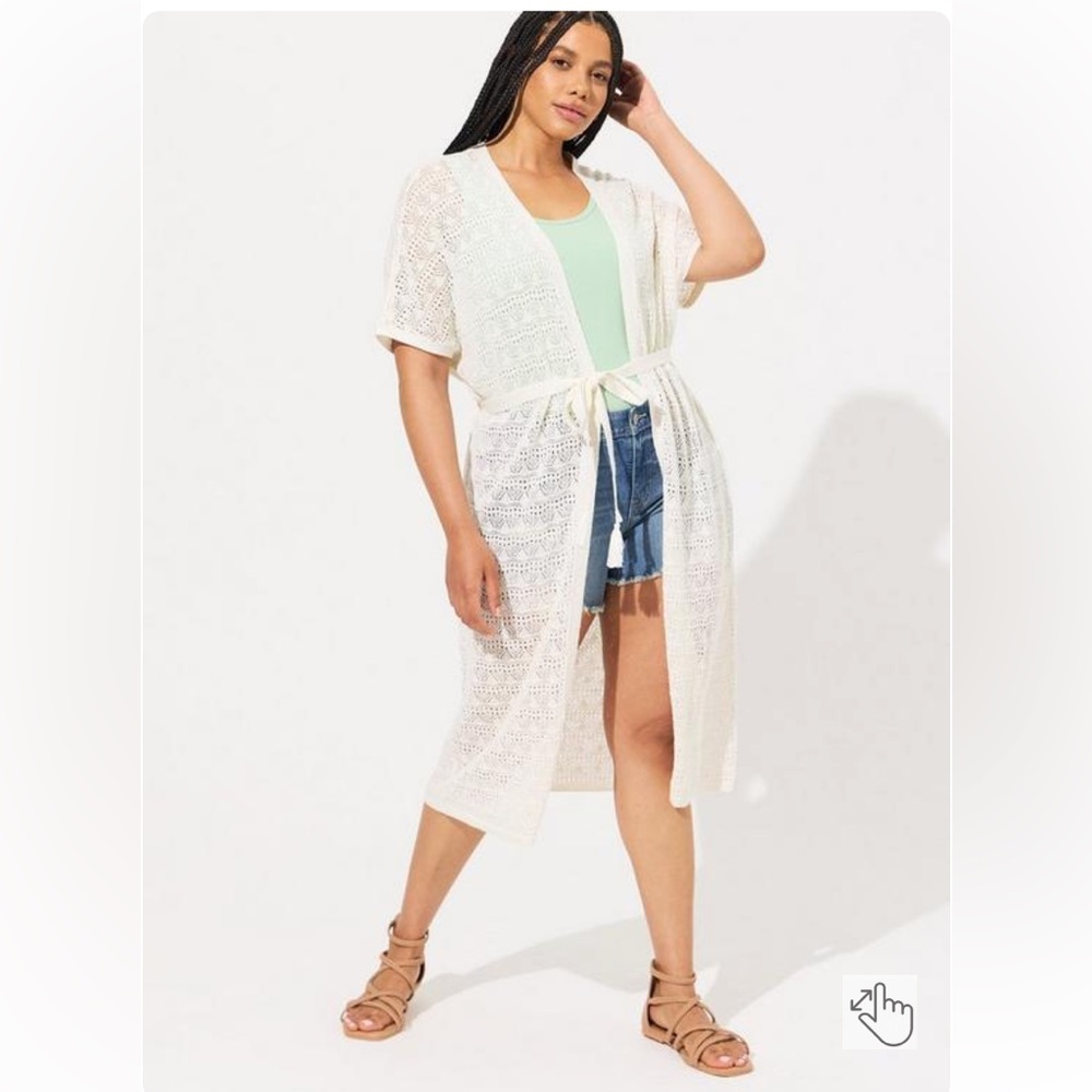 torrid White Open-Knit Tie-Waist Sweater Duster